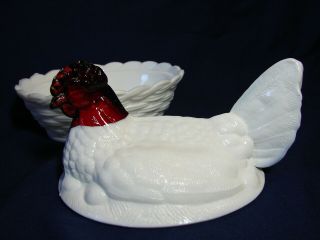 Fabulous Large Vintage White Milk Glass Hen On Nest Covered Trinket / Candy Dish