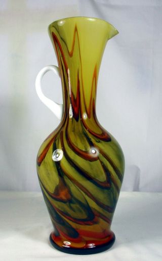 Tall Vintage Swirled Art Glass Cased Jug Vase With White Handle