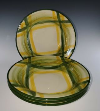 4 Vernonware Gingham Green Plaid Rimmed Soup Bowls,  1948 - 59 Usa