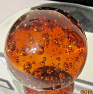 Pretty Vintage Amber Art Glass Paperweight Crystal Ball With Bubbles 4 " Tall