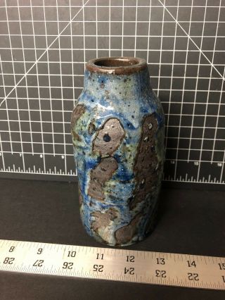 Vintage Mid Century Pottery Art Signed Blue Glazed Ceramic Vase Tracy 6” 2