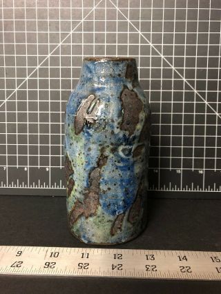Vintage Mid Century Pottery Art Signed Blue Glazed Ceramic Vase Tracy 6” 5