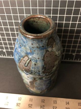 Vintage Mid Century Pottery Art Signed Blue Glazed Ceramic Vase Tracy 6” 6
