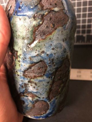 Vintage Mid Century Pottery Art Signed Blue Glazed Ceramic Vase Tracy 6” 8