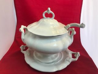 Vintage White Ironstone Soup Tureen,  Red Cliff 11 " High Base Plate Lid And Ladel