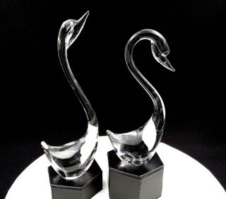 Studio Art Glass Hand Blown Clear 2 Piece 10 1/8 " And 8 1/4 " Swan Figurines