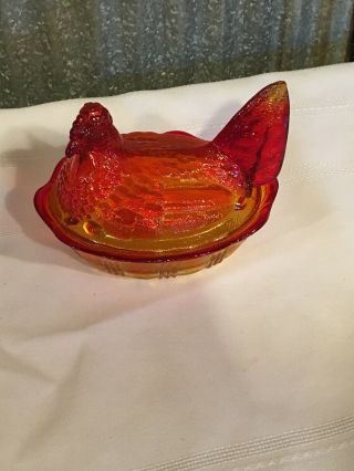 Fenton Hen On Nest Glass Covered Dish - Orange Red