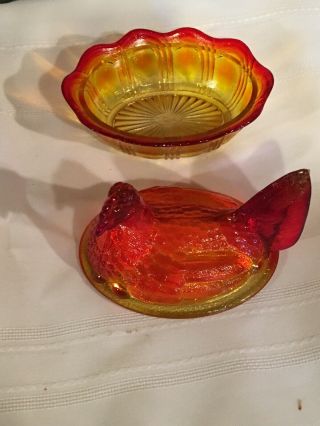 FENTON Hen on Nest Glass Covered dish - Orange Red 2