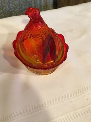 FENTON Hen on Nest Glass Covered dish - Orange Red 6
