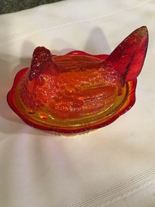 FENTON Hen on Nest Glass Covered dish - Orange Red 7