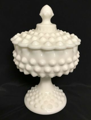 Fenton White Milk Glass Hobnail 8½ " Candy Dish Pedestal Compote W/ Lid Scalloped