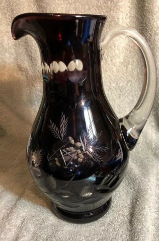 Vintage Bohemian Czech Dark Ruby Red Cut To Clear Crystal Glass Pitcher