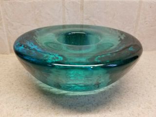 Fire And Light Art Glass Candle Votive Holder Signed 6 " Teal Recycled Glass