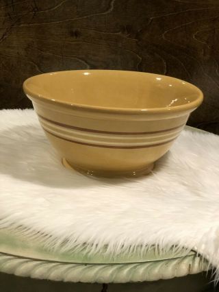 Large 12.  5 " Antique Yellow Ware White Brown Stripe Mixing Primitive Bowl 1900s
