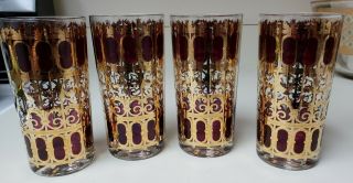 Set Of 4 Culver Cranberry Scroll Hiball Glasses Red Gold