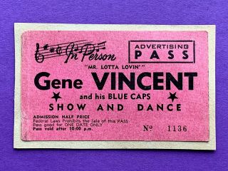 Rare 1958 Concert Ticket / Ad Pass Gene Vincent & Blue Caps Un - Torn Not A Stub