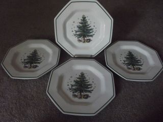 (4) Dinner Plates,  Nikko Christmastime Christmas Time Tree Presents Octagonal