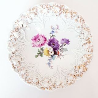 Antique Meissen Cabinet Plate Shallow Bowl Floral Gold Relief Grapevines 8.  25 "