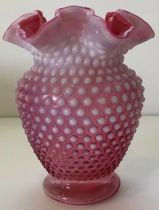 Vintage Fenton Glass Opalescent Cranberry Pink Hobnail Polka Dot Vase Ruffle Top
