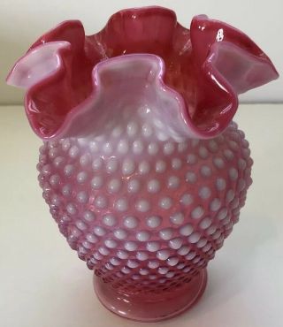 Vintage Fenton Glass Opalescent Cranberry Pink Hobnail Polka Dot Vase Ruffle Top 2