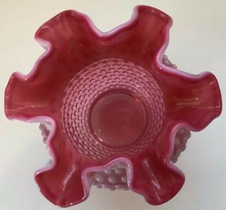 Vintage Fenton Glass Opalescent Cranberry Pink Hobnail Polka Dot Vase Ruffle Top 3