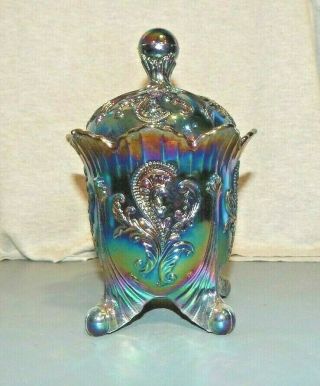 Purple Carnival Glass Inverted Fan & Feather Covered Candy Dish Exc