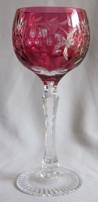 Wine Hock Glass Goblet Bayel Crystal Vineyard Grape Pattern - Cranberry 7 5/8 "
