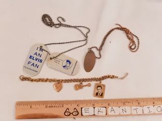 3 Vintage Elvis Presley Fan Items,  Charm Bracelet,  Set Of Dog Tags,  Rolled Penny
