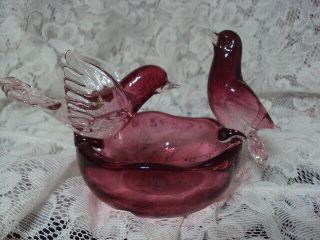 Vtg Salviati & Co.  Venetian Murano Cranberry Art Glass Birds Bowl Made In Italy