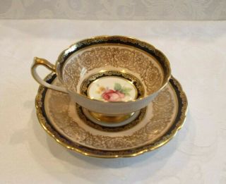 Paragon Tea Cup & Saucer Pink Rose On Black Border Hm The Queen & Hm Queen Mary