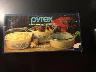 Pyrex 3 Piece Bake,  Serve And Store Set Taupeblue 1 Pt,  1 1/2 Pt,  1 Qt And Cover