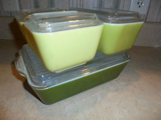 Vintage 4 Piece Set Of Pyrex Refrigerator Dishes With Clear Lids - Green/yellow - Vg