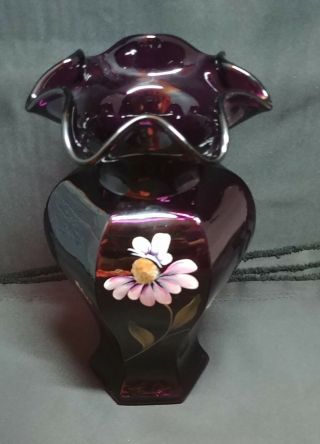 Vintage Fenton Hand Painted Flower Deep Purple Glass Ruffled Vase 9 Inch Signed