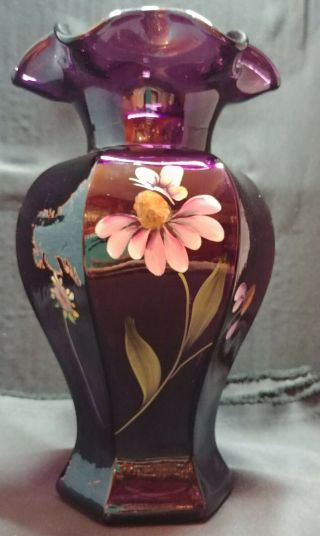 Vintage Fenton Hand Painted Flower Deep Purple Glass Ruffled Vase 9 inch Signed 2