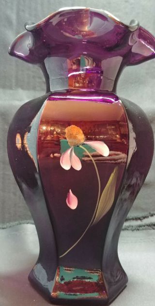 Vintage Fenton Hand Painted Flower Deep Purple Glass Ruffled Vase 9 inch Signed 3