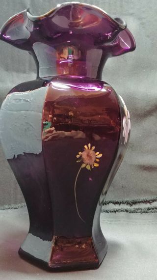 Vintage Fenton Hand Painted Flower Deep Purple Glass Ruffled Vase 9 inch Signed 4