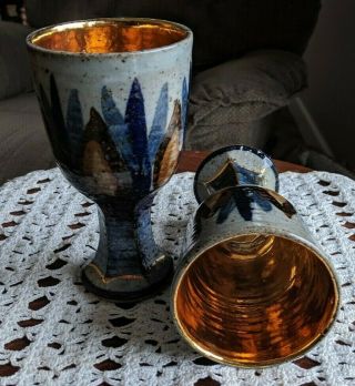 Ceramic Goblets,  Marj Peeler,  Set Of 2,  Copper Interior,  Blue,  Brown,  Gray,  6 " H