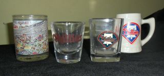 4 Different Philadelphia Phillies Shot Glasses Large & Small Old & Logos Nr