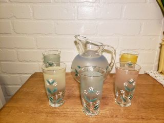 Vintage Hand Painted Frosted Water Pitcher With Glasses