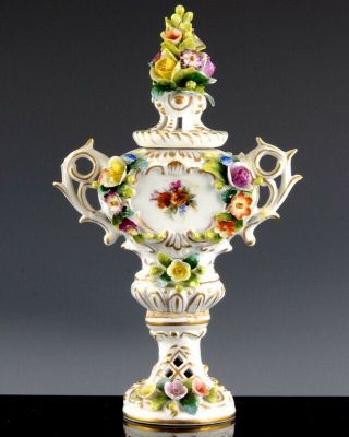 Wonderful 19thc Royal Vienna Dresden Design Encrusted Flowers Lidded Urn Vase