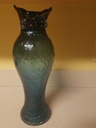 Large 14 " Tall Blue Honeycomb Blown Glass Owl Vase Spring Summer Fall