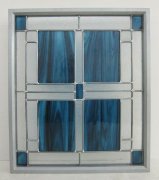 Blue Geometric Vtg Handmade Stained Glass Art Panel Window Wall Hanging 18x21