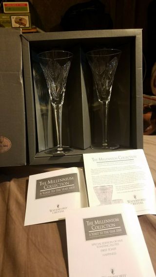 2 Waterford Crystal Millennium Happiness Champagne Toasting Flute