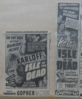 Two 1945 Newspaper Ads For Movie Isle Of The Dead - Karloff,  Graves In Frenzy