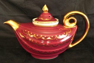 Vintage Hall China Aladdin Gl Maroon & Gold Swag 6 - Cup Teapot W/ Infuser