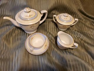 Vintage Noritake Tea Pot,  Cream & Sugar Set & 3 Tea Cups With Saucers Blue