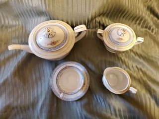 VINTAGE NORITAKE TEA POT,  CREAM & SUGAR SET & 3 TEA CUPS WITH SAUCERS BLUE 2