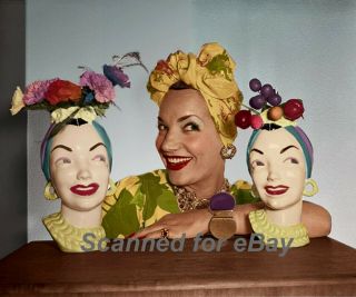 2 Pics Carmen Miranda - With Her Headvases - Plus Photo Of Carmen With Sculptor 