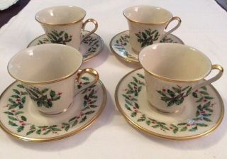 Lenox Holiday Holly Berry Christmas Gold Set Of 4 Cup Tea Cup And Saucer