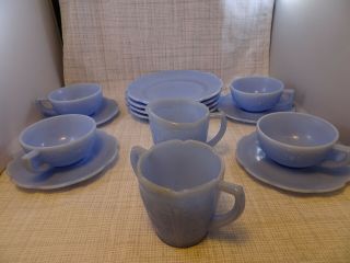 Antique Demitasse Depression Glass Tea Cup Set Blue Cherry Blossom Delphite Blue